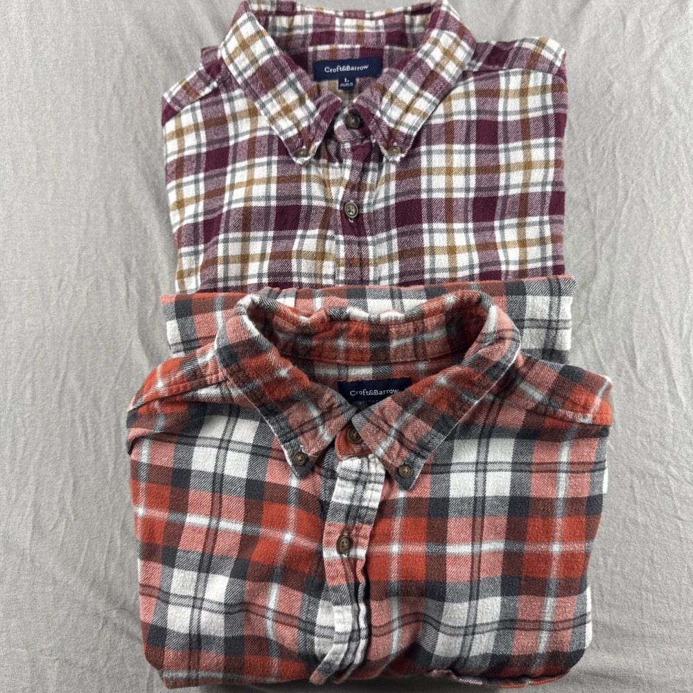 Croft Barrow Flannel Men L Plaid Long Sleeve Button Up Orange Red Shirt Lot of 2